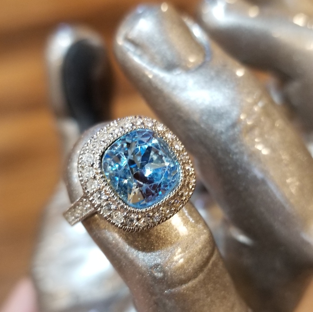 Simulated Aquamarine Halo Ring - Size 6